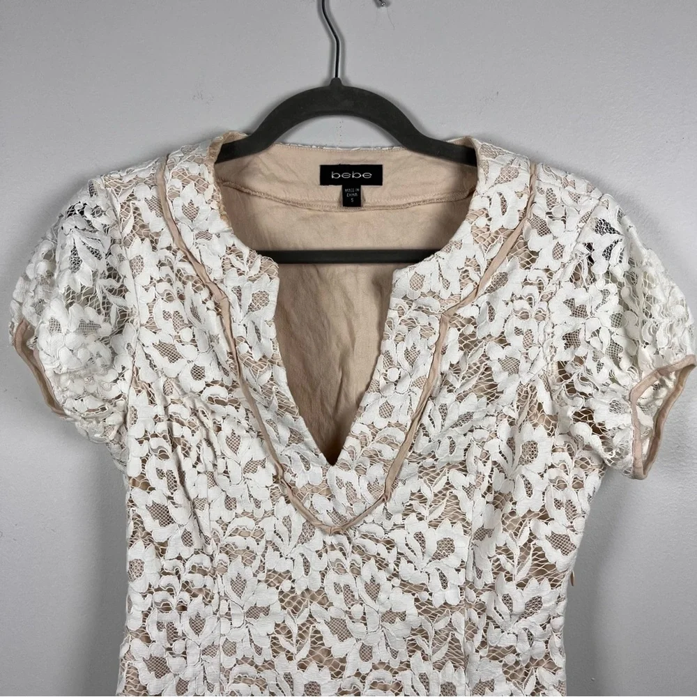 Bebe White Tea Satin Lace Mini Bride Bridal Cocktail Party Dress Size Small